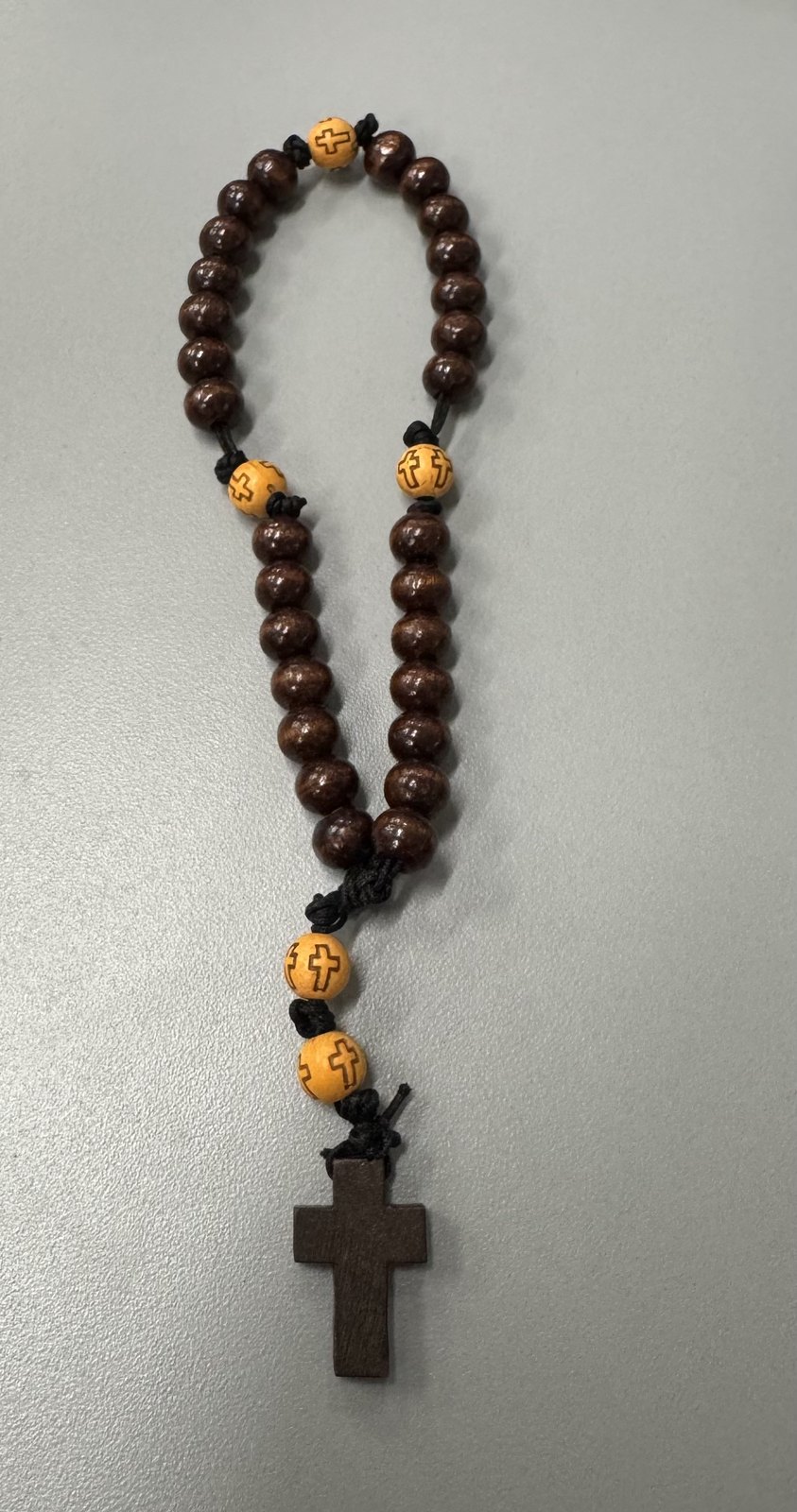 Brown and gold handmade Anglican rosary with wooden cross
