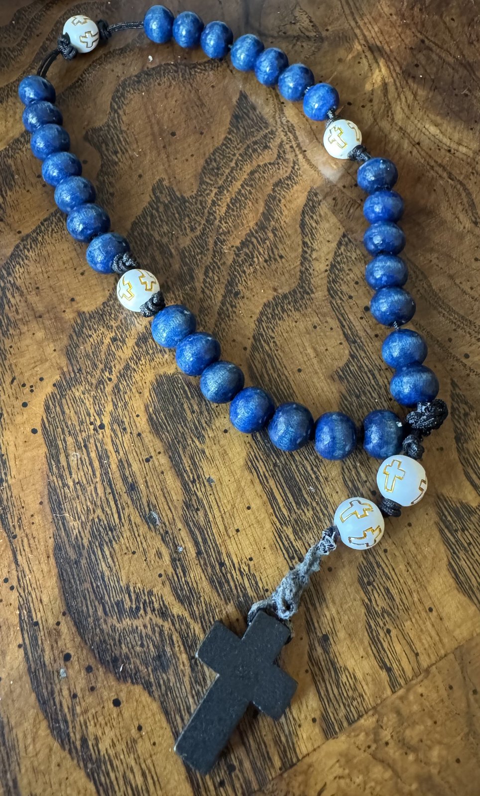 Blue and white handmade Anglican rosary with black wooden cross