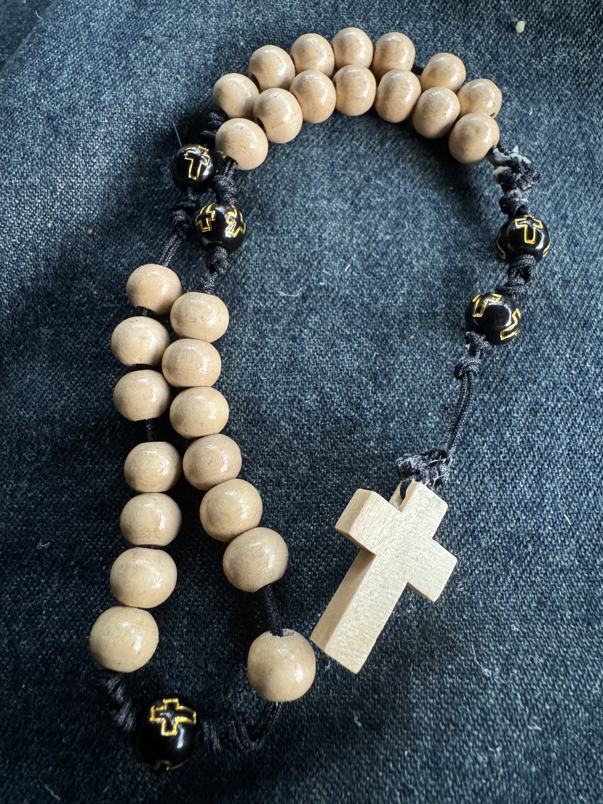 Natural wood and black handmade Anglican rosary with wooden cross