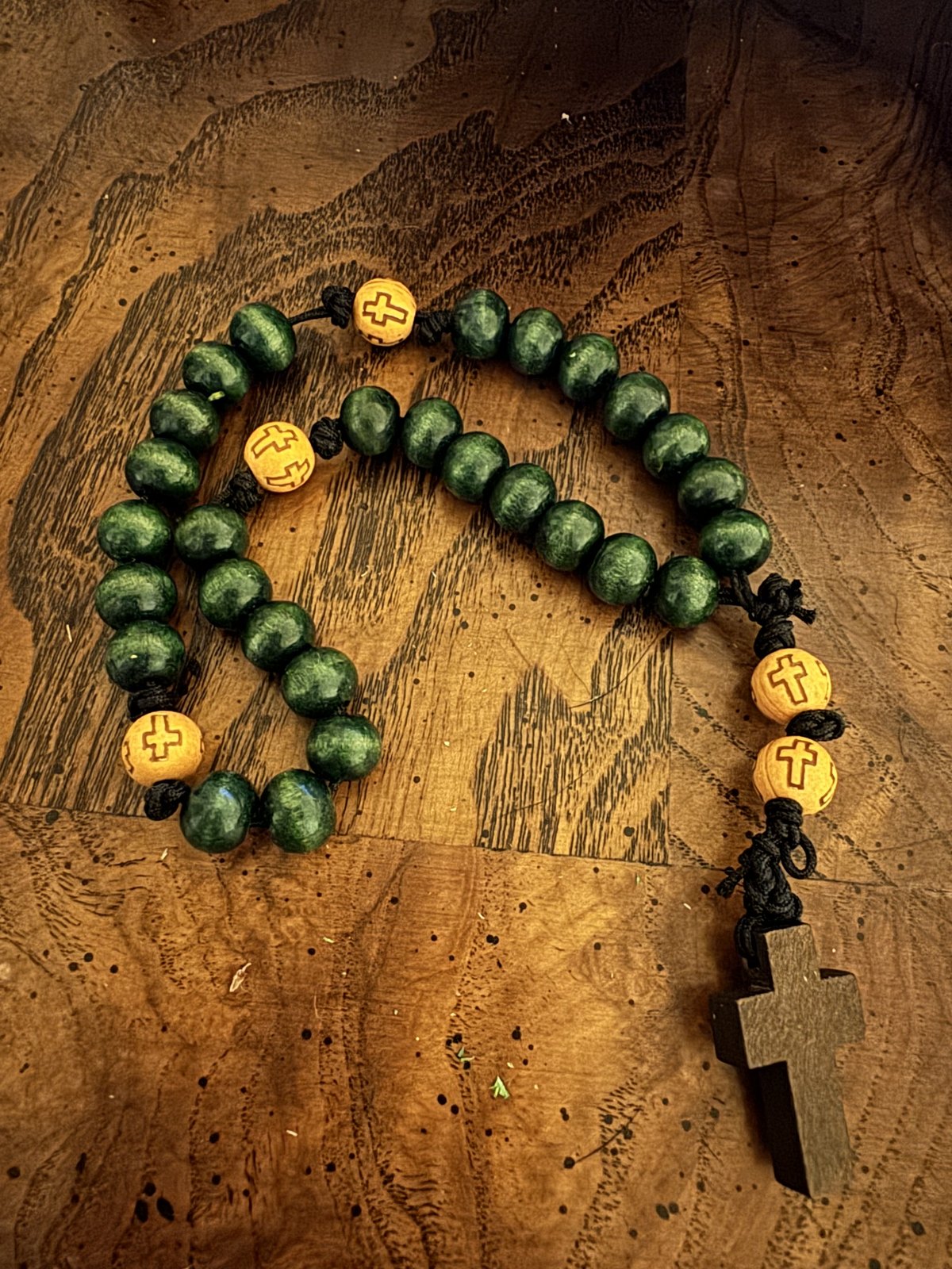 Green and gold handmade Anglican rosary with wooden cross