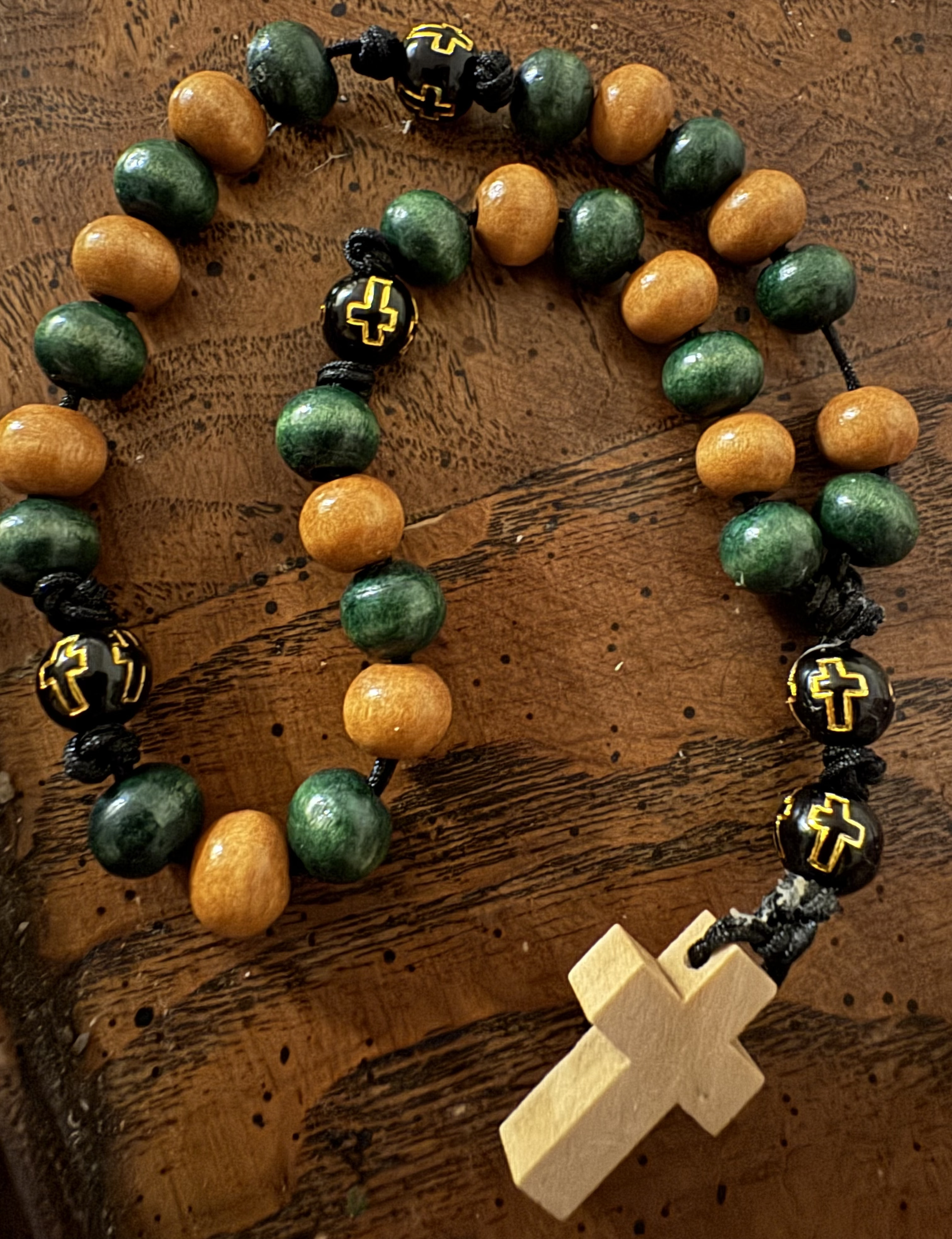 Green and natural wood handmade Anglican rosary with wooden cross