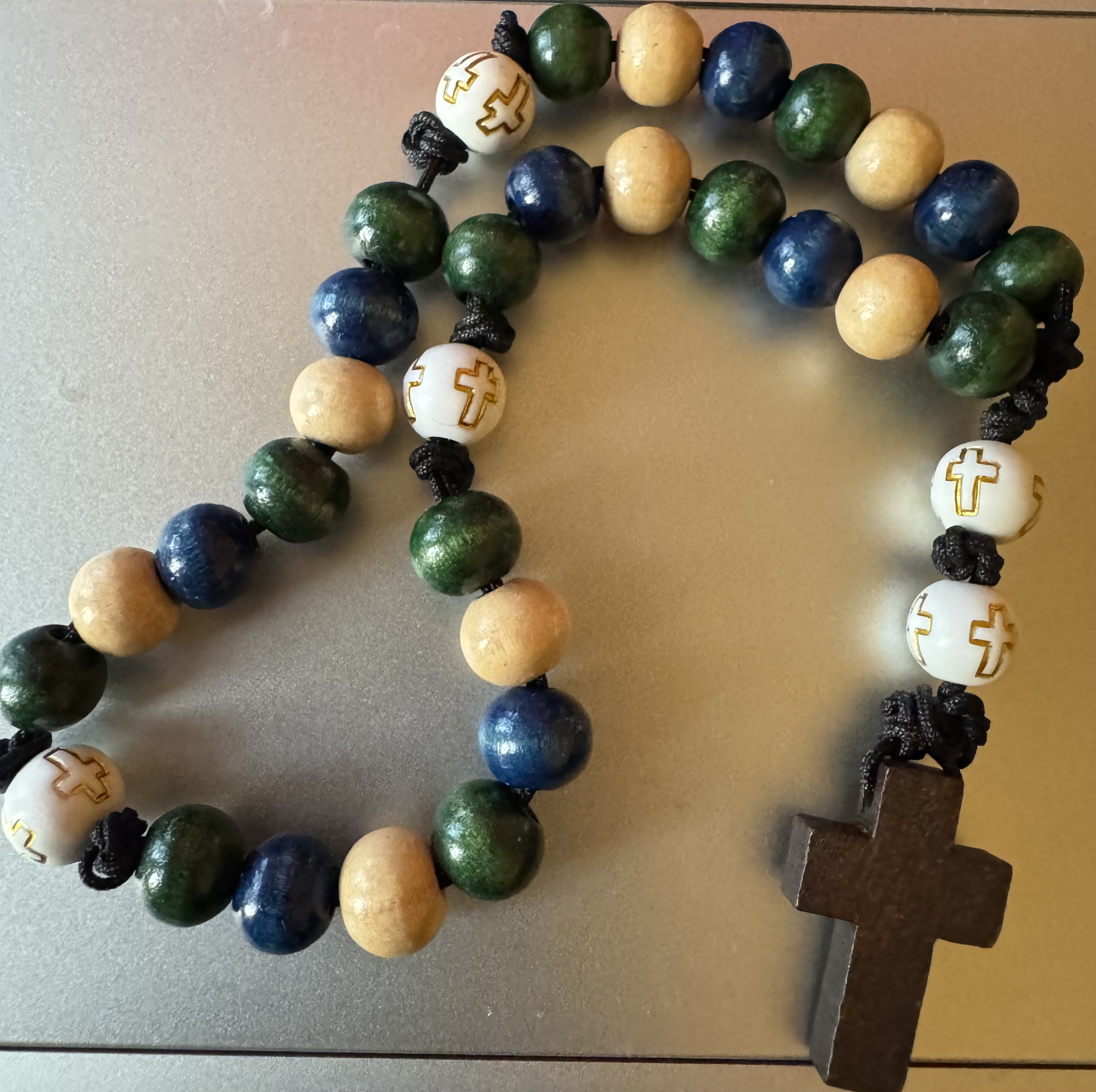 Green, blue, and natural wood handmade Anglican rosary with wooden cross